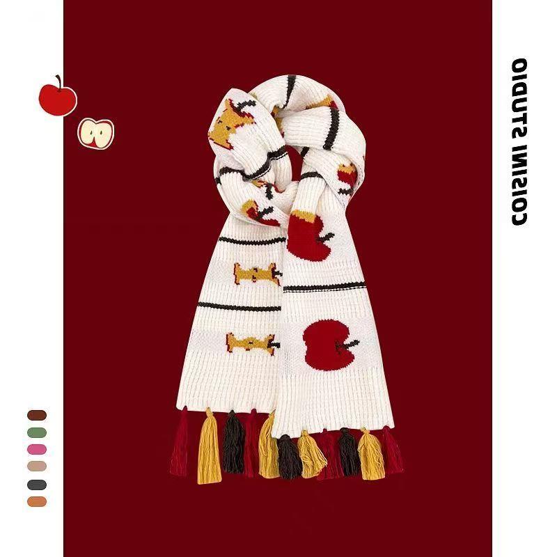 新年圣诞礼物可爱苹果针织围巾2025秋冬新款保暖百搭流苏围脖