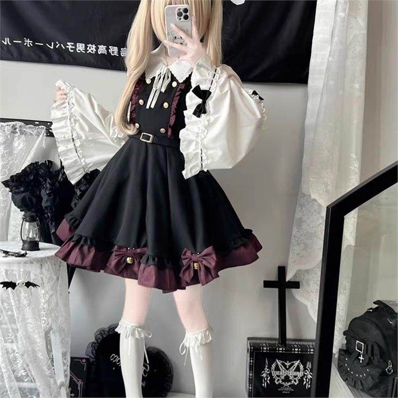 甜心邂逅衬衫上衣背带甜美两件套装miu显瘦半身裙高腰黑色洛丽塔