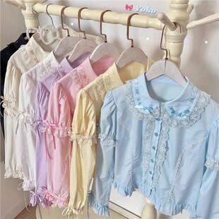 Lolita古早味百搭纯色接袖娃娃领日制丝带姬袖衬衫甜美短袖长袖