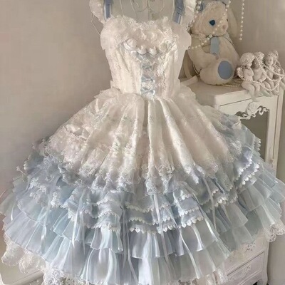 缘结恋曲蓝Lolita重工刺绣甜美华丽花嫁洋装吊带连衣裙jsk成人礼