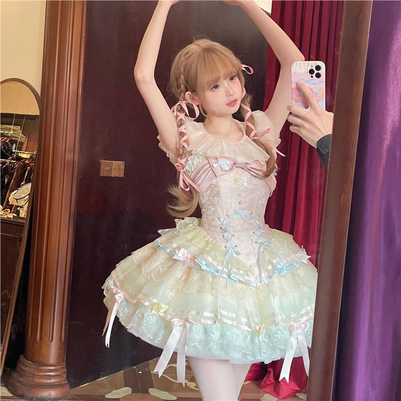 丝带千千结jsk 原创Lolita甜美芭蕾风连衣裙日常甜美蝴蝶结洛丽塔