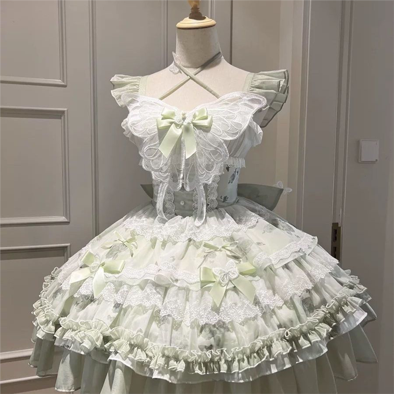 花期之约白绿蝴蝶夏日感小清新公主礼服少女生日Lolita短裙蝴蝶结