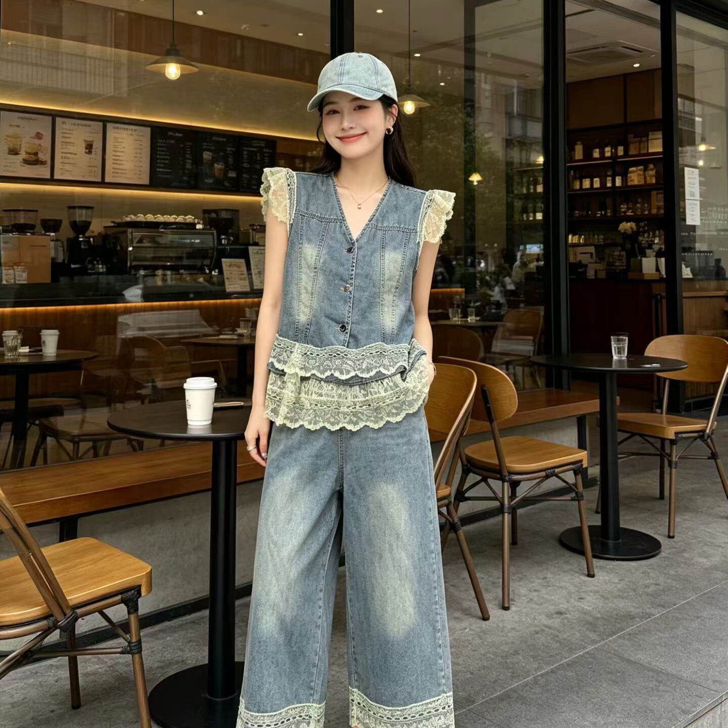 设计感蕾丝花边牛仔套装女2026夏季新款韩系V领马甲阔腿裤两件套