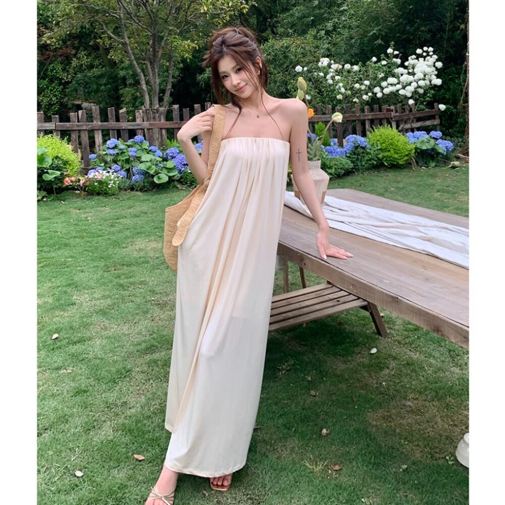 2026春夏新款度假风慵懒松弛感长裙舒适莫代尔抹胸连衣裙女