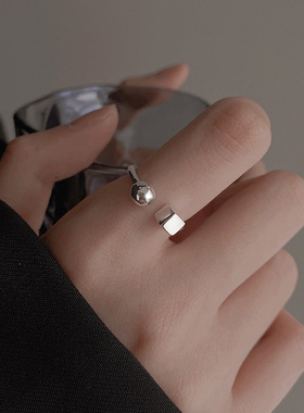 方块戒指女简约小众设计感几何圆珠指环开口可调节食指戒小摊货源