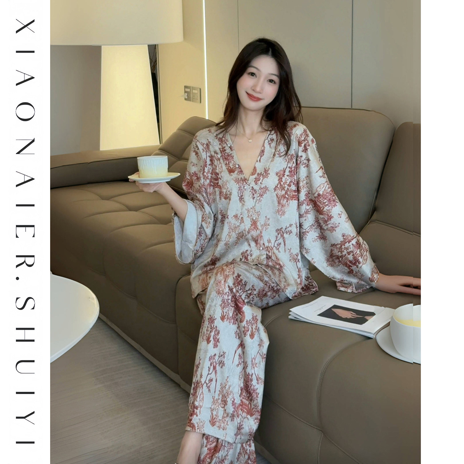 新款秋季法式高级感睡衣长袖女收腰显瘦V领宽松可外穿开衫式套装