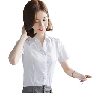 职业衬衫女士V领短袖衬衫商务正装工作服工装寸衫白色衬衣女夏季