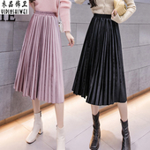 百褶裙女半身裙子金丝绒高腰中长款 a字长裙中裙春秋裙大摆裙春季