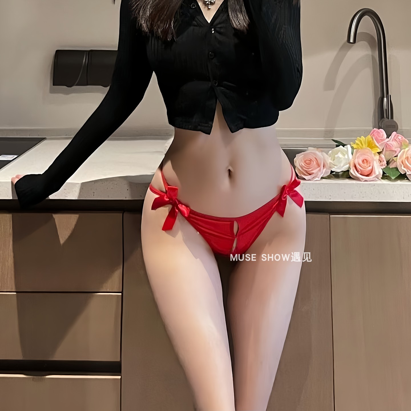 性感纯欲风蝴蝶结钉子内裤女款三角裤薄款透视镂空开档纯欲丁字裤