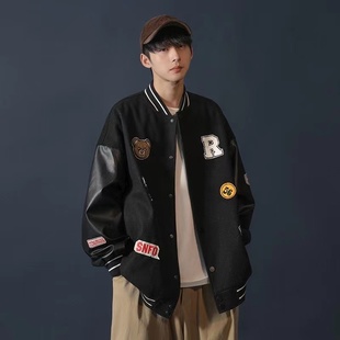 大码 拼接刺绣夹克宽松复古上衣2 300斤棒球服外套男女春秋季 PU皮袖