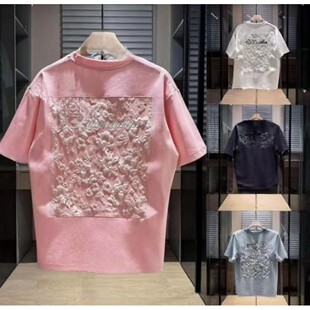 大码300斤夏季男士纯棉250g重磅短袖T恤百搭浮雕刺绣圆领半袖上衣