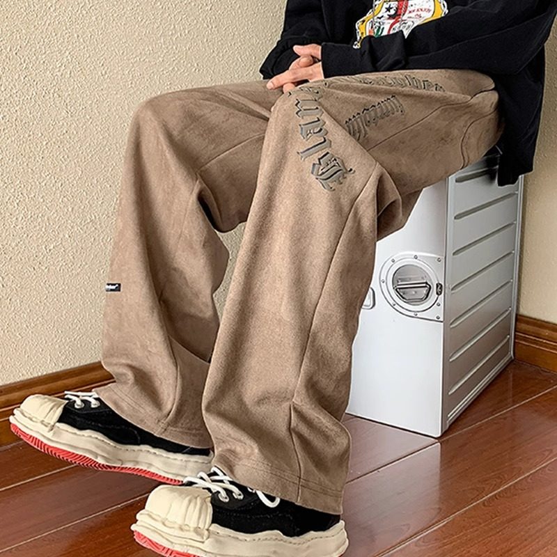 大码300斤美式休闲麂皮绒直筒长裤男女春秋新款oversize印花卫裤