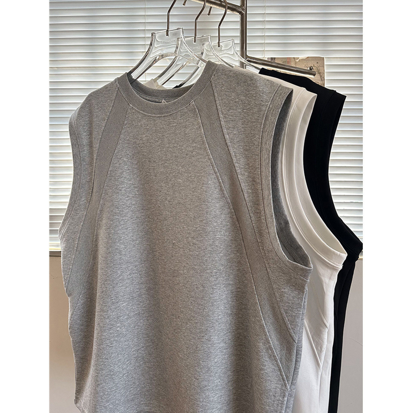 大码300斤美式拼接重磅太空棉背心男夏季运动服cleanfit无帽上衣