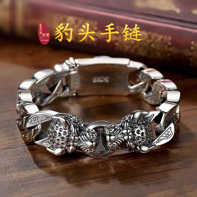 新款时尚925银豹子马尾编织双豹