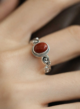925银复古国风做旧小蛋面南红玛