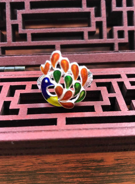 99足银纯银孔雀戒指景泰蓝珐琅彩