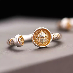 新品黄财神戒指女轻奢小众国风描金开口指环高级感