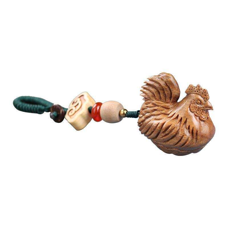 绿檀木质国风复古生肖公鸡雄鸡报晓汽车钥匙扣挂件钥匙链包包挂饰