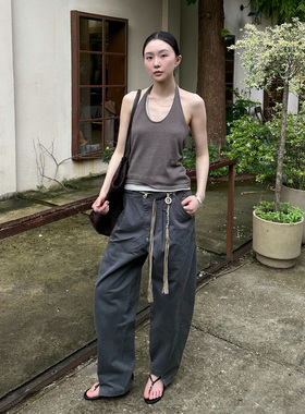 antceee 不规则中高腰头设计感阔腿裤斜拼接时髦BAGGY廓型休闲裤