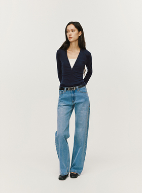 antceee 早秋新款拉链可调节V领修身针织长袖 气质休闲百搭上衣女