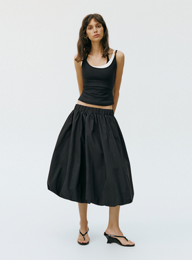 antceee轻户外肌理感简约透气松紧腰花苞半身裙山系A字裙