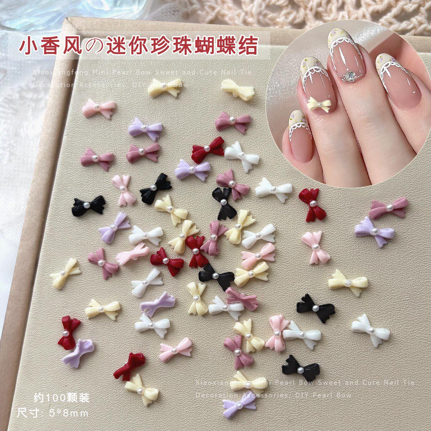 珍珠蝴蝶结美甲饰品100颗混色立体树脂小领结DIY法式穿戴甲装饰钻