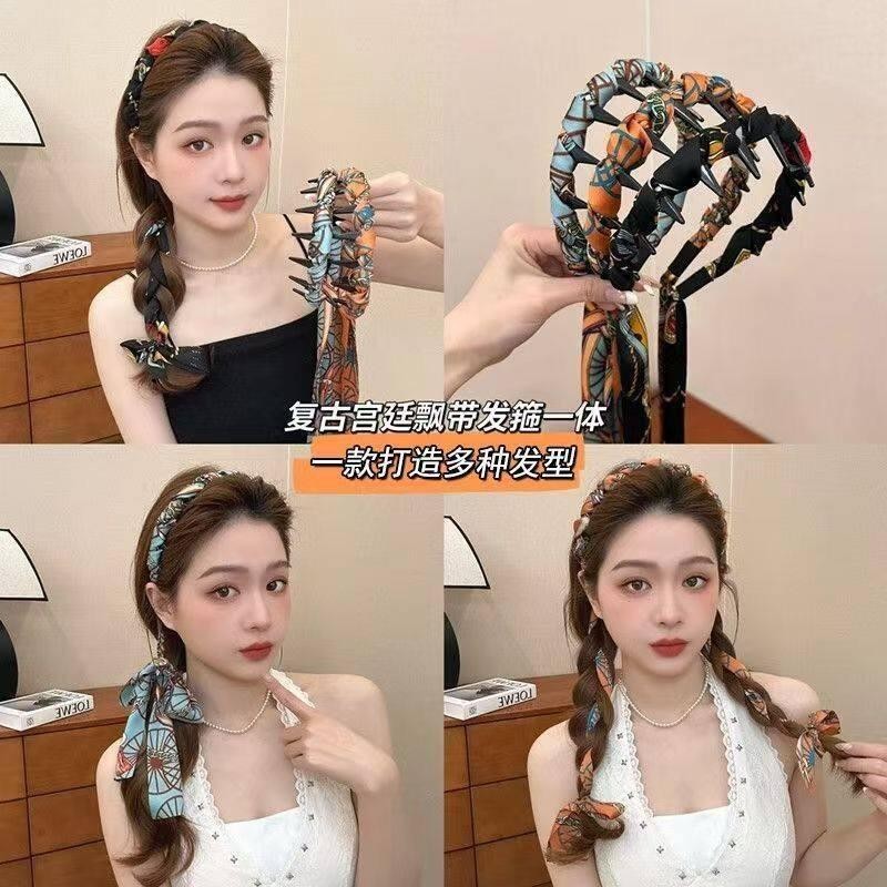 复古宫廷风碎花带齿飘带发箍编发一体式丝巾绑发卡高颅顶头箍A6
