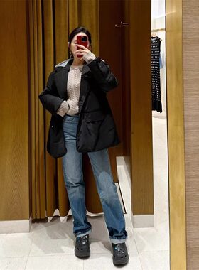 maSande法式小众2024秋冬新款女装休闲黑色拼接钻饰连帽宽松棉服