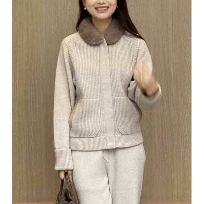 maSande气质保暖毛领浅灰色针织开衫女2025年秋冬新款山羊绒羊毛