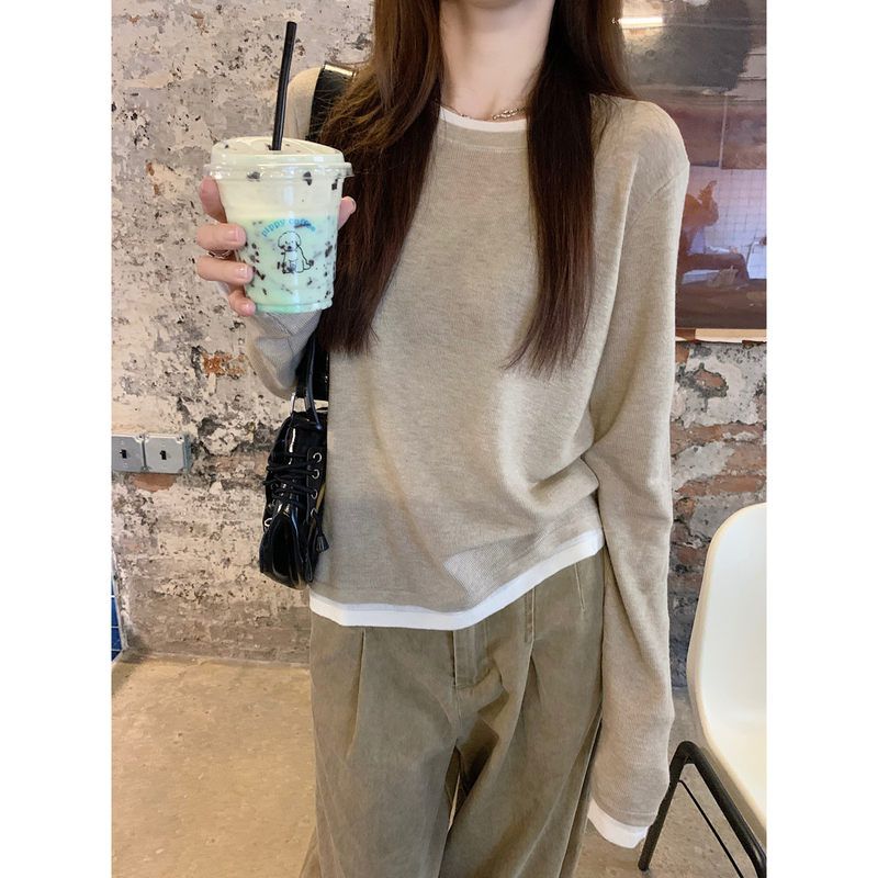 韩系假两件撞色上衣女2025春季减龄ins内搭打底衫慵懒风针织毛衣