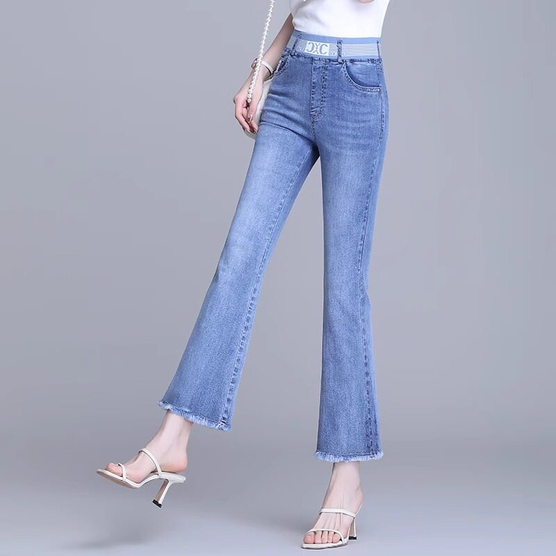 薄款微喇天丝牛仔裤女春秋高腰2025年新款女士裤子直筒九分喇叭裤
