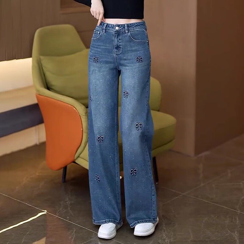 烫钻刺绣阔腿牛仔裤女2025春秋季新款显瘦高腰设计感窄版直筒裤子