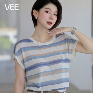 新款 夏季 条纹渐变小飞袖 竹节麻针织衫 T恤上衣 VEE 短袖 幻想世界