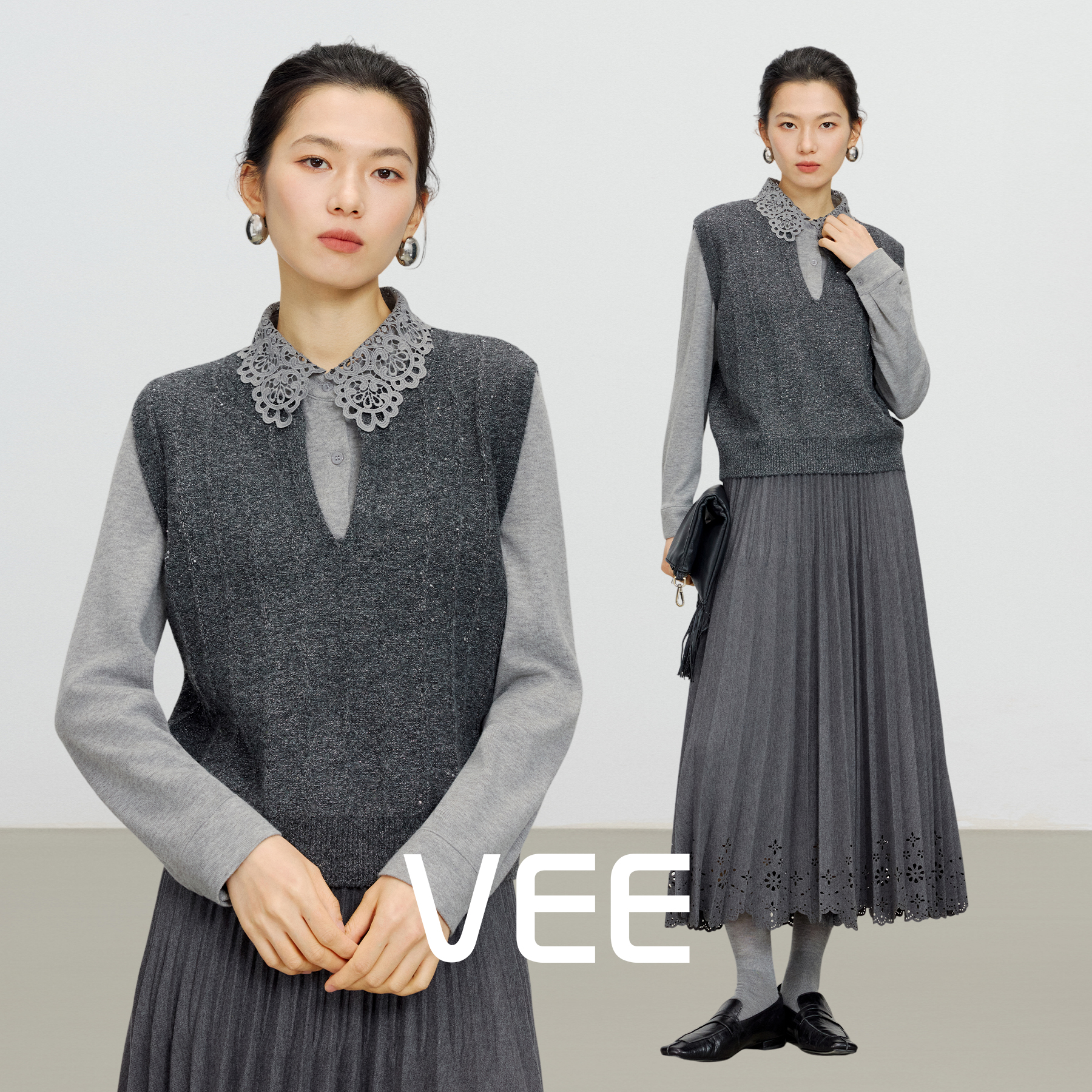 VEE圆V领无袖针织背心内搭叠穿