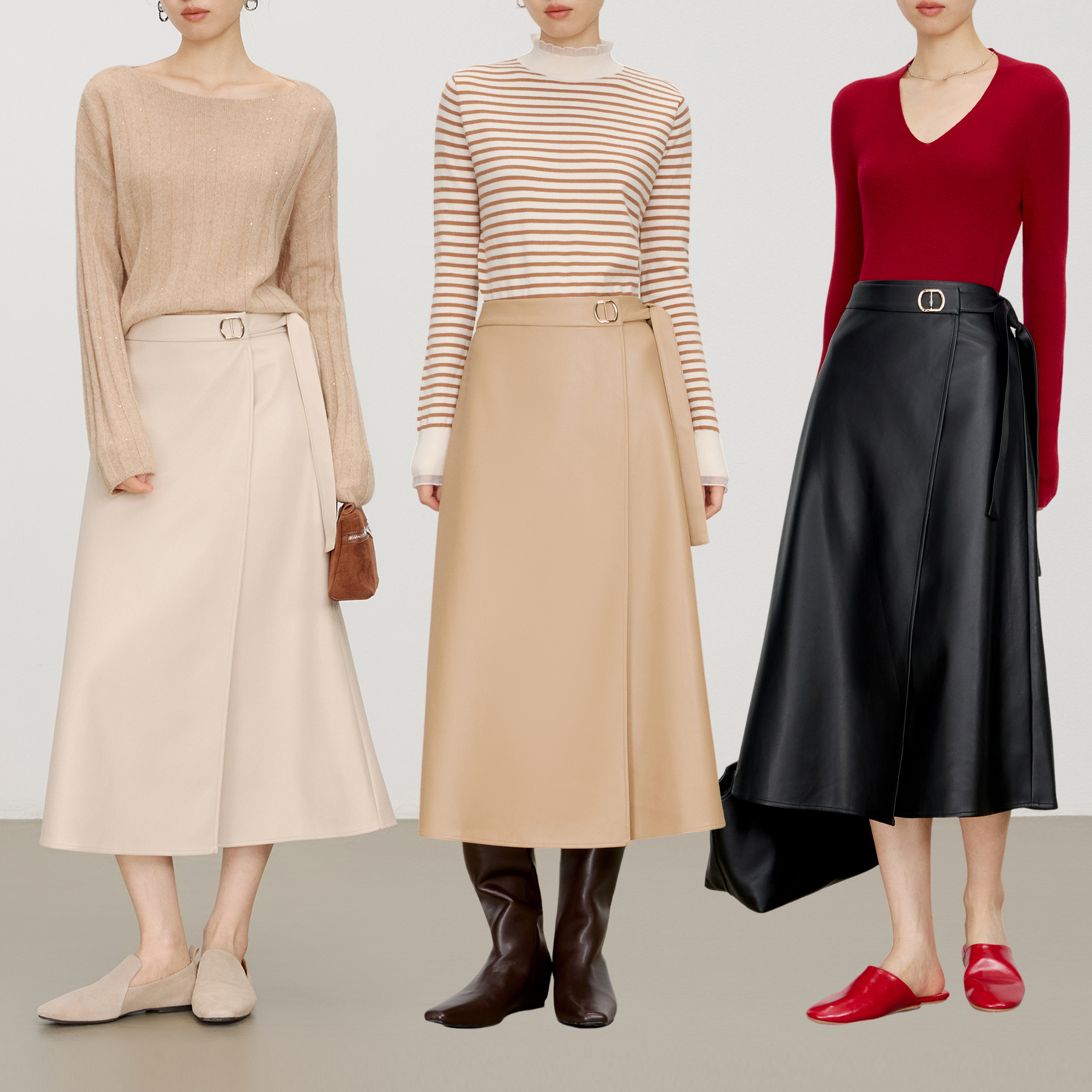 VEE【时光切片】a字半身裙女2025新款显瘦绑带A摆pu皮长半裙裙子