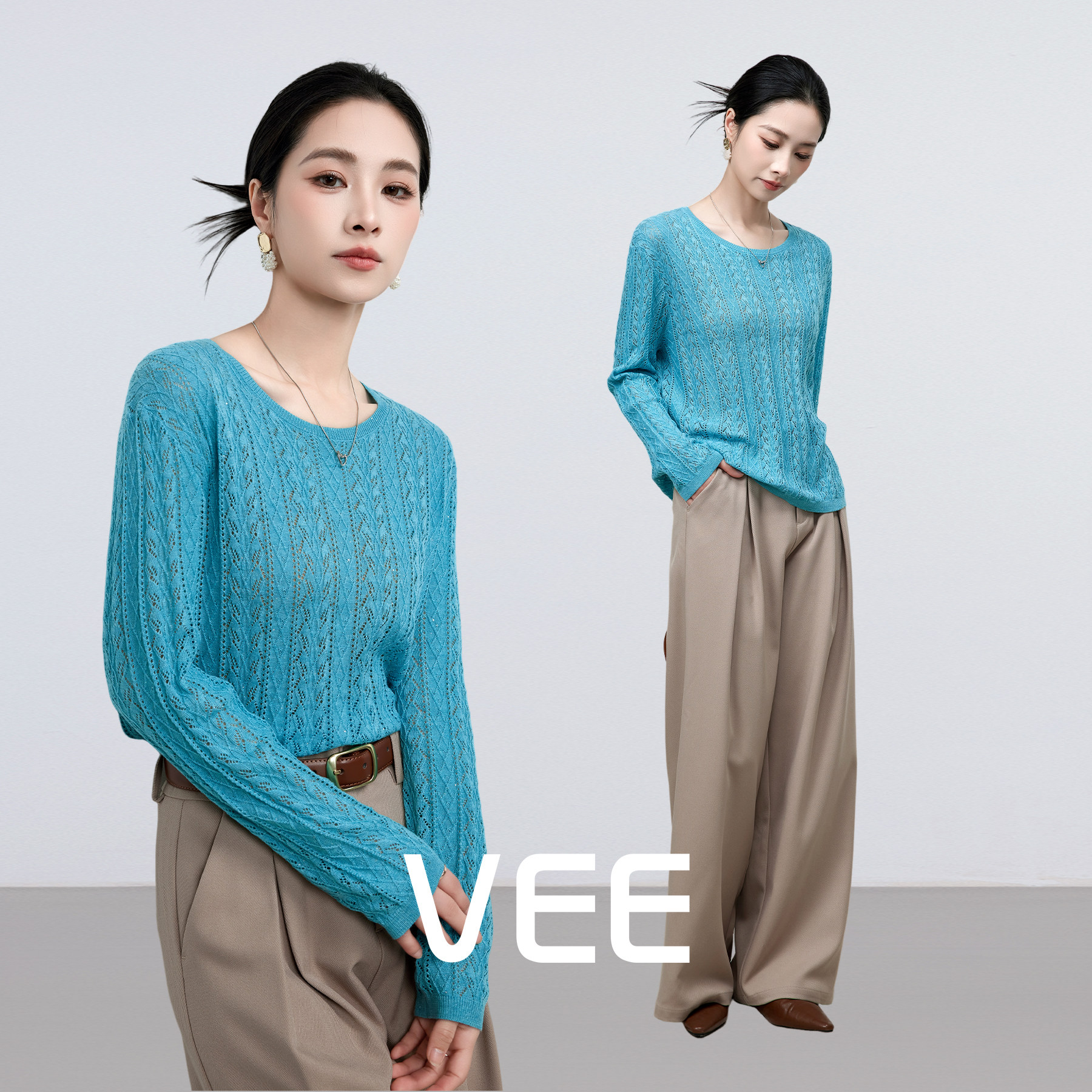 VEE【彩虹糖】时尚复古休闲圆领针织衫女气质麻花长袖宽松女上衣