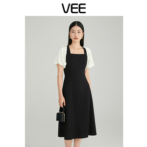 VEE/唯己【卿本佳人】夏季新款少女黑白拼接波波袖中长裙连衣裙