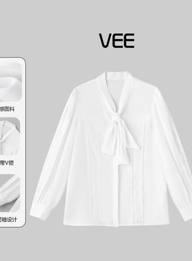 VEE【私藏浪漫】V领飘带蕾丝拼接白色衬衫女宽松显瘦长袖衬衣上衣