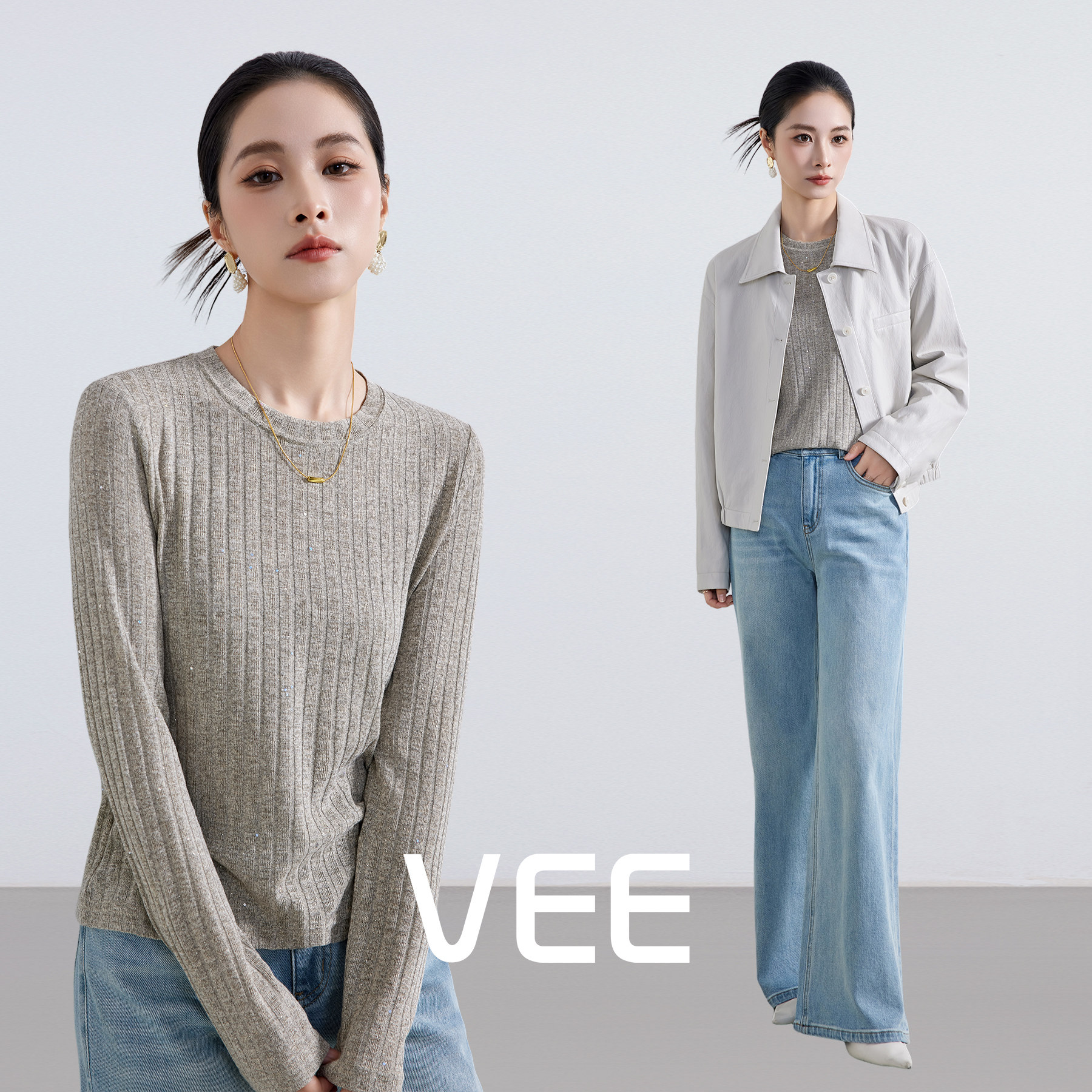 VEE【流星雨】百搭圆领长袖t恤女2026春季新款内搭打底衫修身上衣