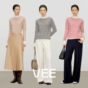 女玻璃纱提花木耳边 25秋冬复古宫廷风条纹针织衫 VEE 冬日序曲