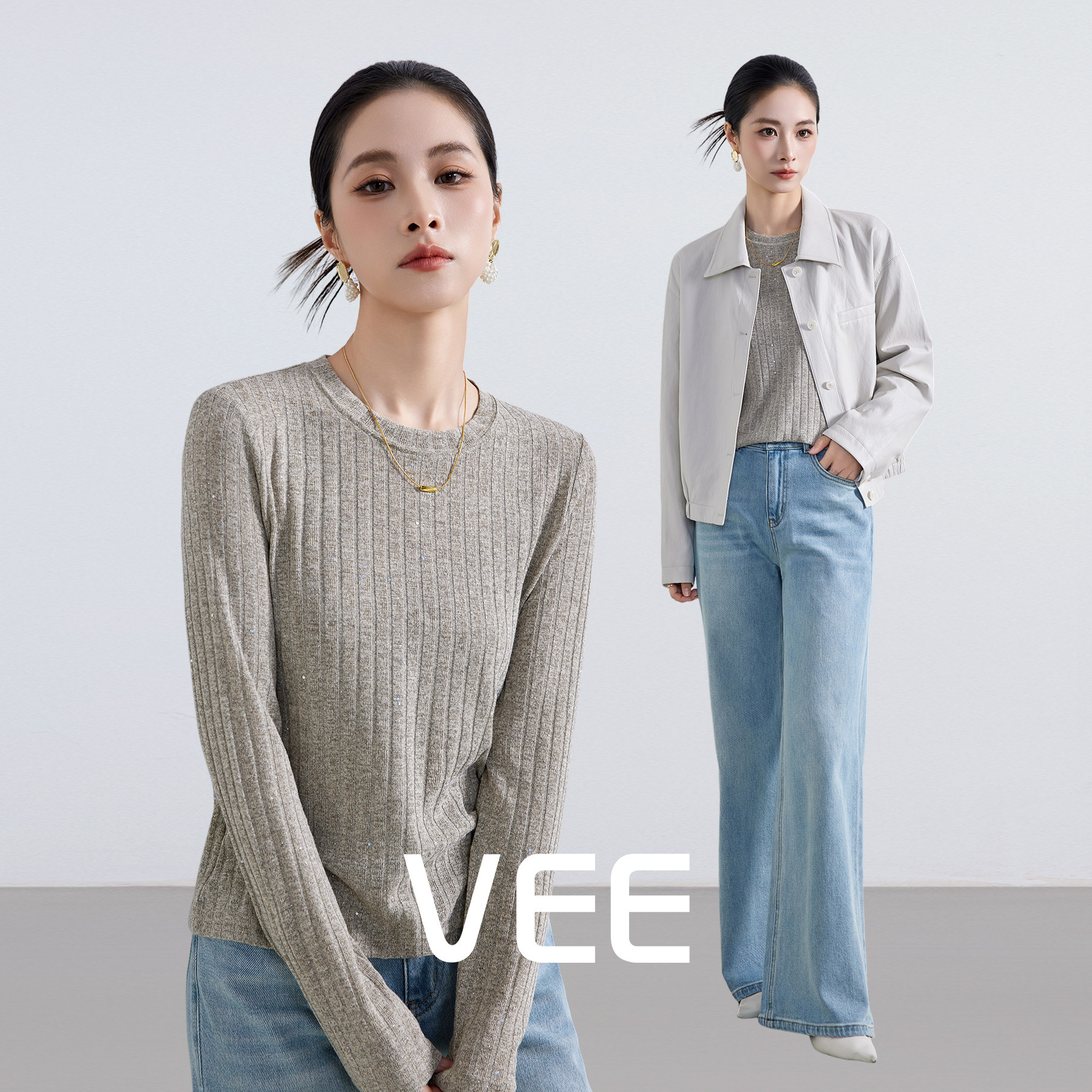 VEE【流星雨】针织圆领长袖t恤女2026秋季新款内搭打底衫修身上衣