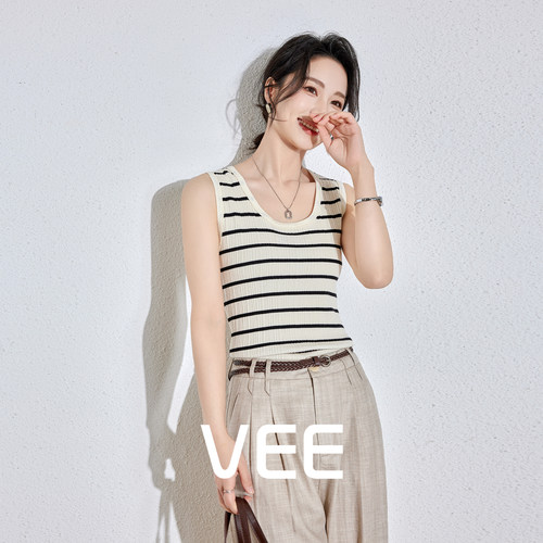 VEE天丝棉坑条纹弹力背心女