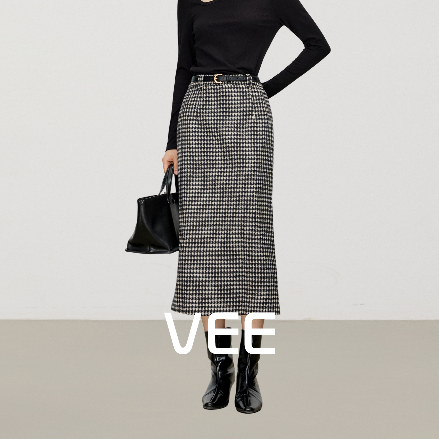 VEE千鸟格百搭直筒半身裙女