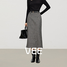 VEE【心动千鸟格】百搭直筒半身裙女2025新款冬高腰显瘦长款裙子