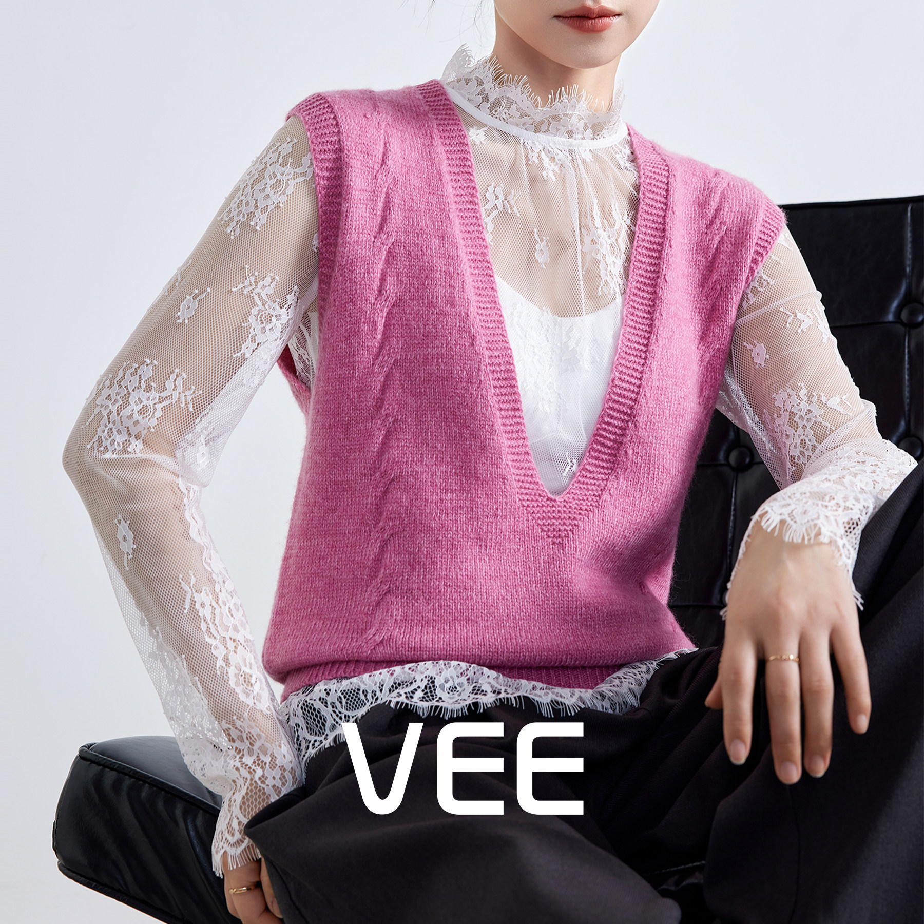 VEE【减龄马甲】叠穿针织背心马甲女无袖V领麻花打底内搭毛衣上衣