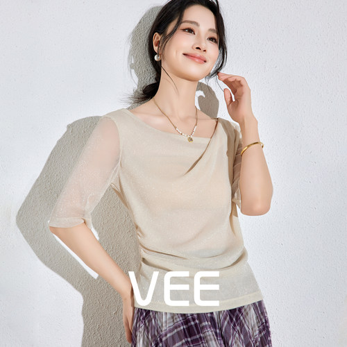 高弹力亮丝网眼t恤女夏薄款