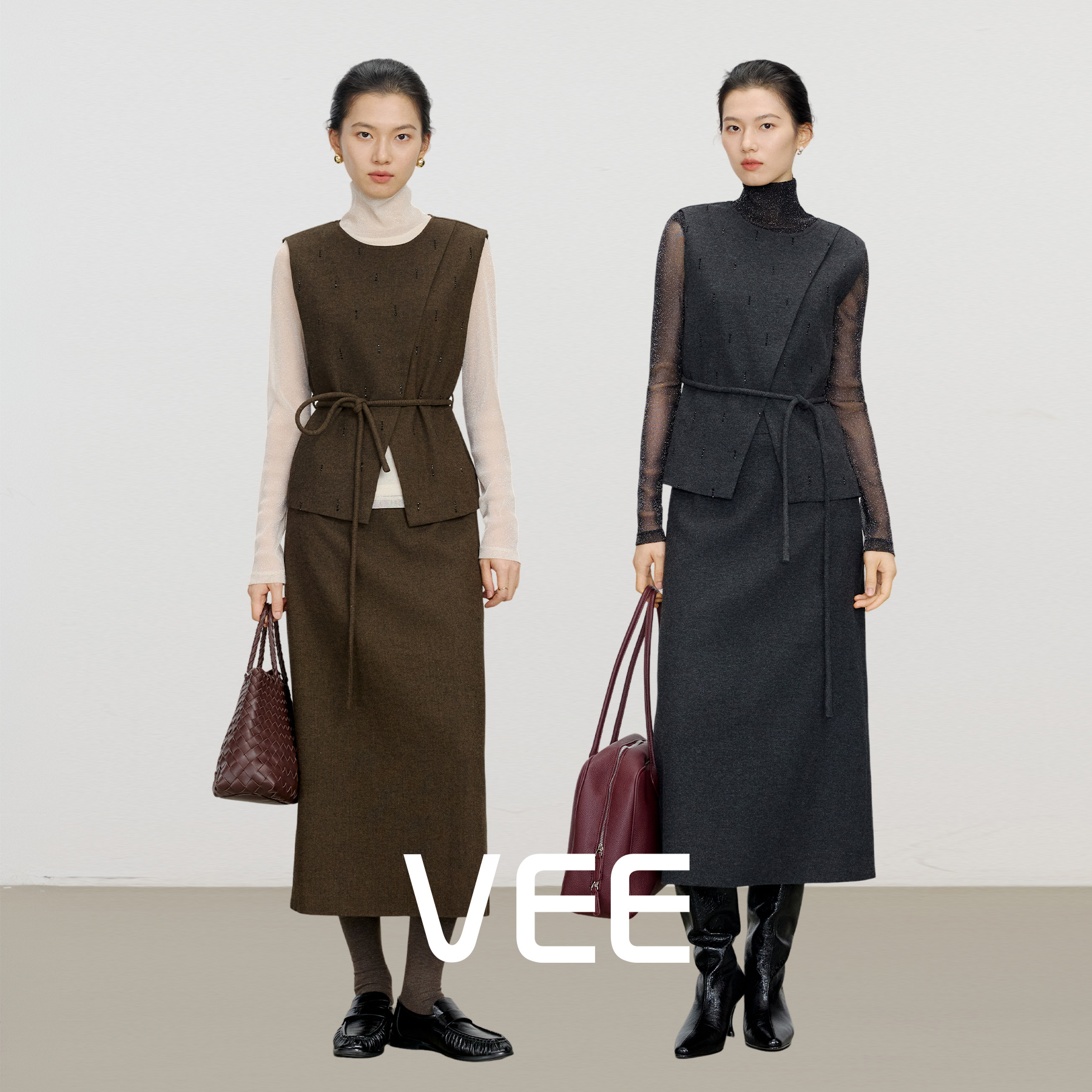 VEE【时髦套装】套装女2025新款烫钻斜开叉马甲直筒半身裙两件套