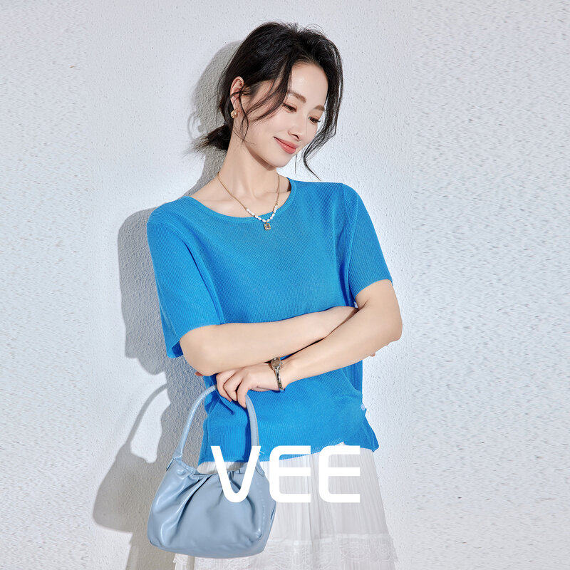VEE【柠檬气泡水】克莱因蓝针织短袖t恤女夏2026新款减龄罩衫上衣