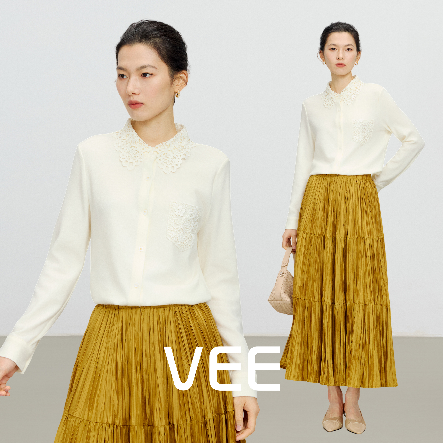 VEE女士蕾丝花边长袖衬衫