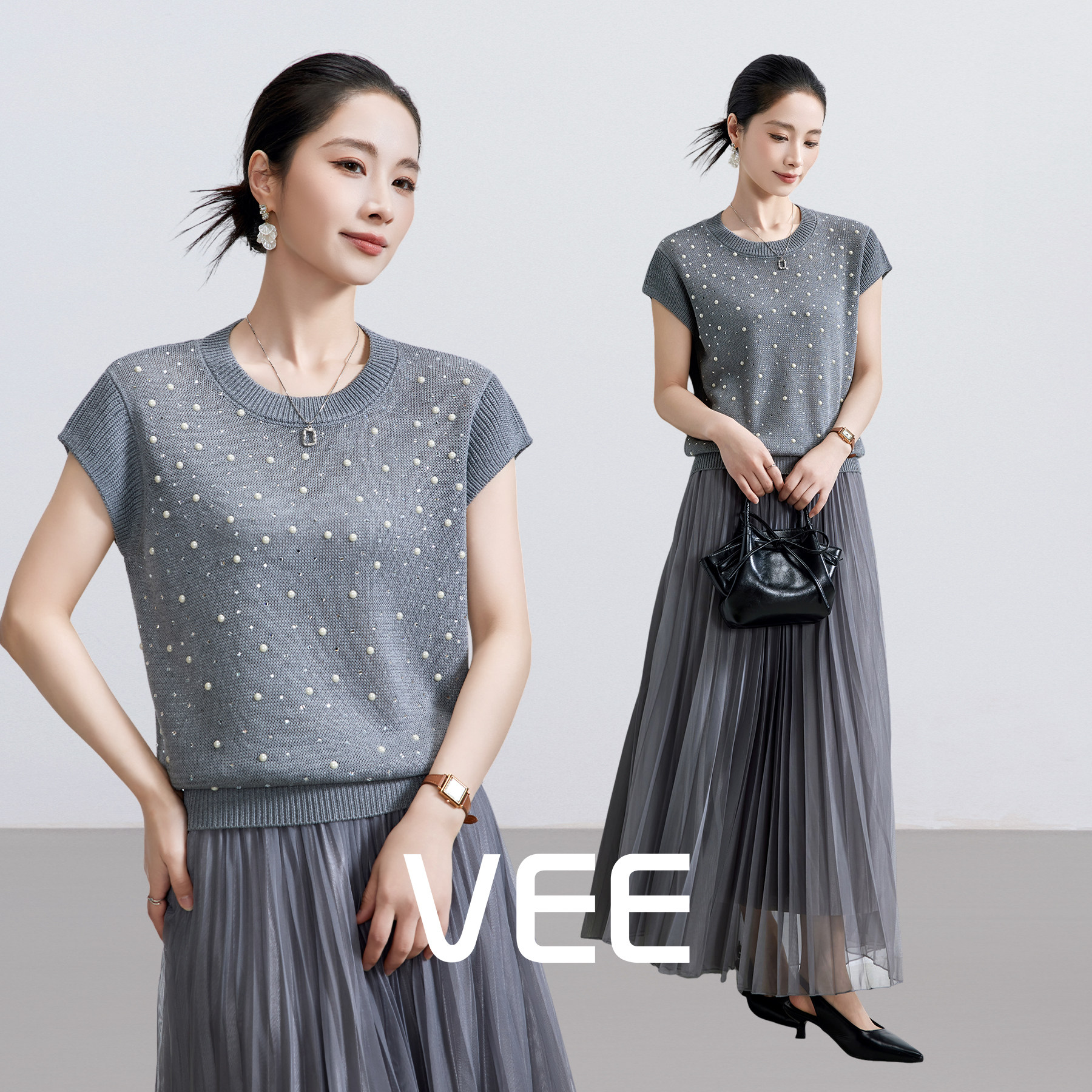 VEE【闪闪动人】珍珠镶钻针织衫t恤女2026夏季新款宽松显瘦上衣女